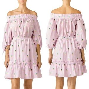 Kate Spade Off Shoulder Pineapple Dress Medium pink‎ embroidered ruffle cotton